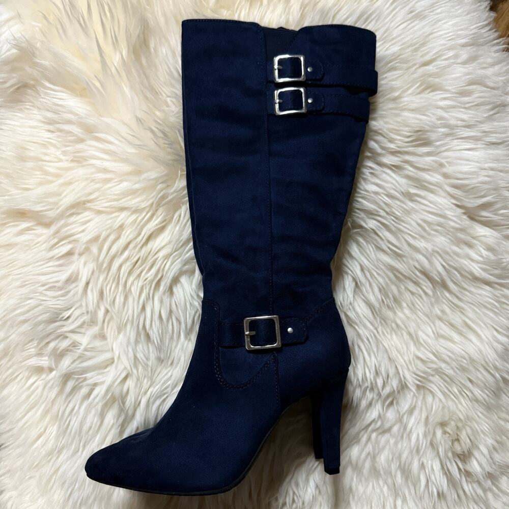 RIALTO CAHOON Womens Knee High Heel Boot Navy Faux Suede Silver Tone Buckles 6.5